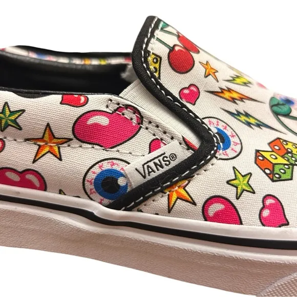 Vans Slip-On W-8.5, M-7 RARE Tattoo Print, Dice Heart Eye Cherry Bolt Star NEW