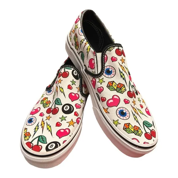 Vans Slip-On W-8.5, M-7 RARE Tattoo Print, Dice Heart Eye Cherry Bolt Star NEW