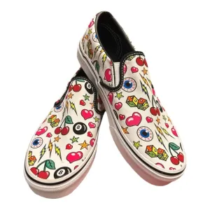 Vans Slip-On W-8.5, M-7 RARE Tattoo Print, Dice Heart Eye Cherry Bolt Star NEW
