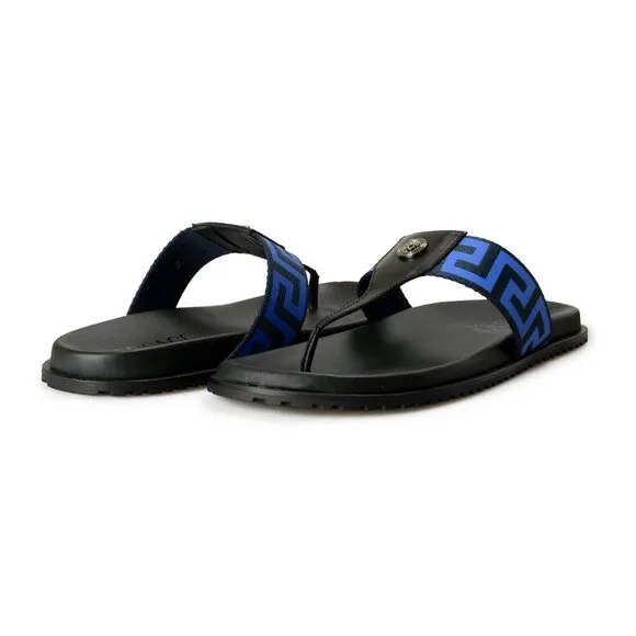 Versace Men's &quot;Greca&quot; Canvas &amp; Leather Pool Slide Flip Flops Shoes US 13 IT 46