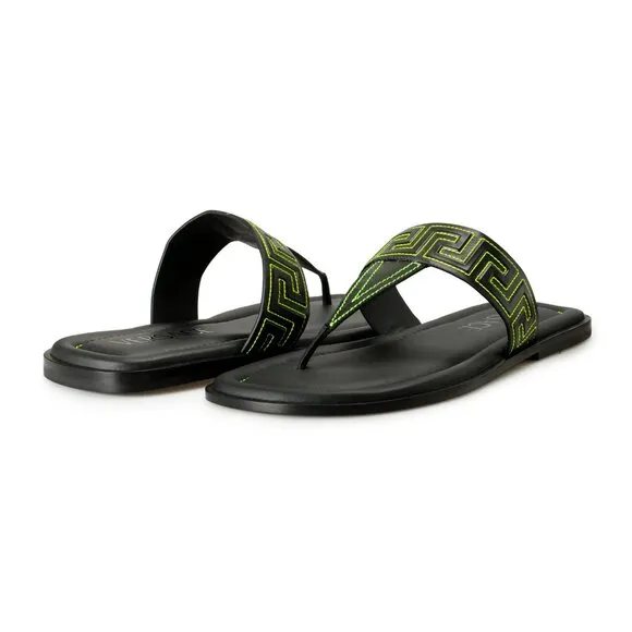Versace Men's Black &amp; Green Leather Pool Slide Flip Flops Shoes US 10 IT 43