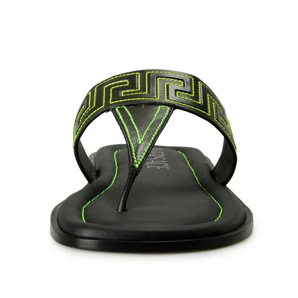 Versace Men's Black &amp; Green Leather Pool Slide Flip Flops Shoes US 10 IT 43