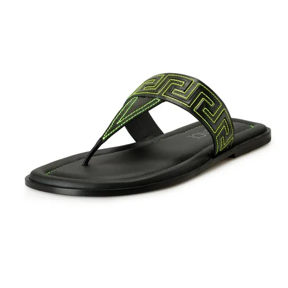 Versace Men's Black &amp; Green Leather Pool Slide Flip Flops Shoes US 10 IT 43