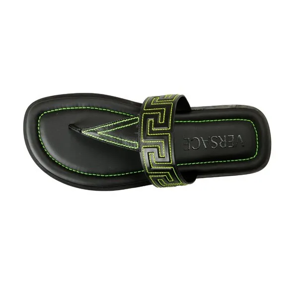 Versace Men's Black &amp; Green Leather Pool Slide Flip Flops Shoes US 10 IT 43