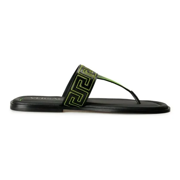 Versace Men's Black &amp; Green Leather Pool Slide Flip Flops Shoes US 10 IT 43