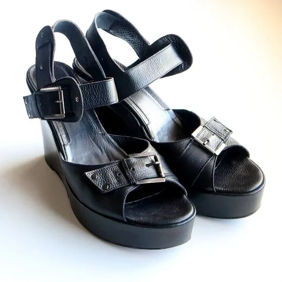 Via Spiga Black Leather Open Toe Platform Wedge Sandals Summer Shoes Size 8.5