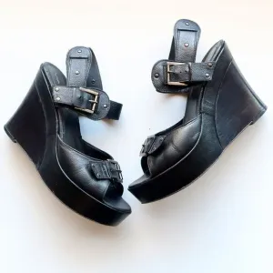 Via Spiga Black Leather Open Toe Platform Wedge Sandals Summer Shoes Size 8.5