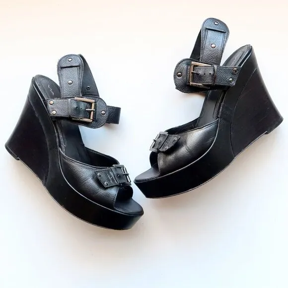Via Spiga Black Leather Open Toe Platform Wedge Sandals Summer Shoes Size 8.5