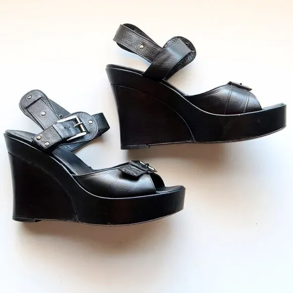 Via Spiga Black Leather Open Toe Platform Wedge Sandals Summer Shoes Size 8.5