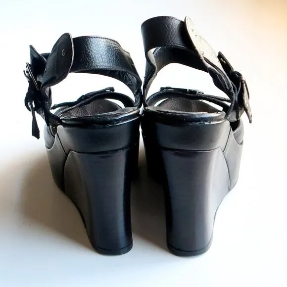Via Spiga Black Leather Open Toe Platform Wedge Sandals Summer Shoes Size 8.5