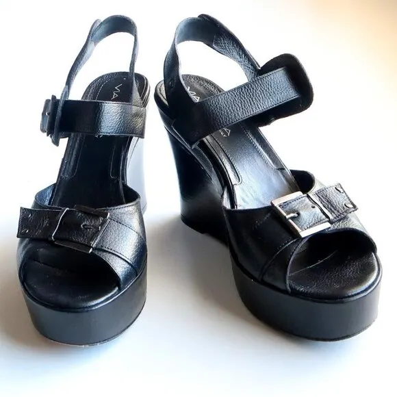Via Spiga Black Leather Open Toe Platform Wedge Sandals Summer Shoes Size 8.5
