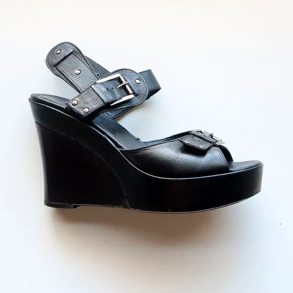 Via Spiga Black Leather Open Toe Platform Wedge Sandals Summer Shoes Size 8.5