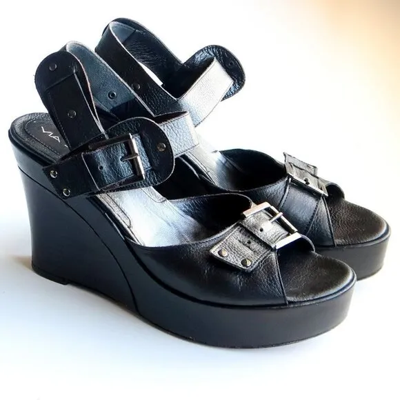 Via Spiga Black Leather Open Toe Platform Wedge Sandals Summer Shoes Size 8.5