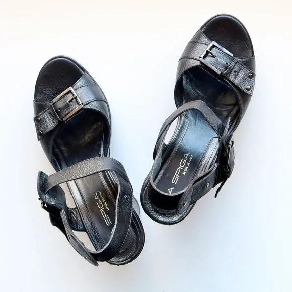 Via Spiga Black Leather Open Toe Platform Wedge Sandals Summer Shoes Size 8.5