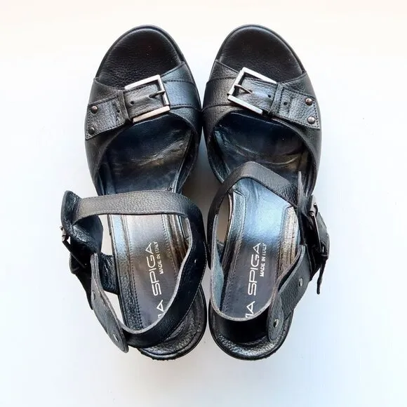 Via Spiga Black Leather Open Toe Platform Wedge Sandals Summer Shoes Size 8.5
