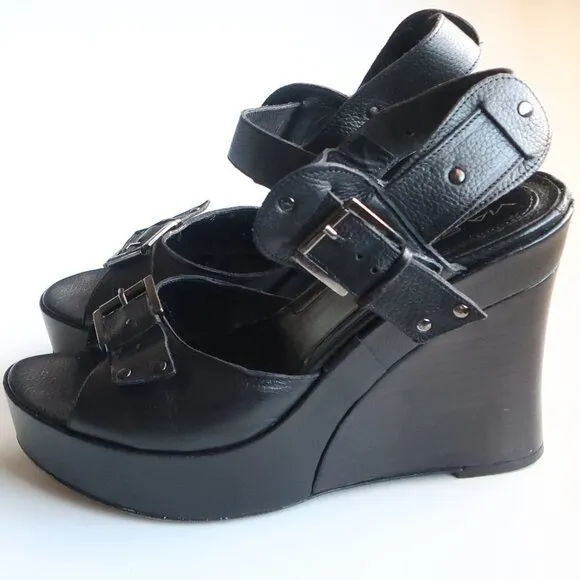 Via Spiga Black Leather Open Toe Platform Wedge Sandals Summer Shoes Size 8.5