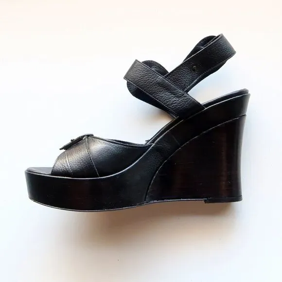 Via Spiga Black Leather Open Toe Platform Wedge Sandals Summer Shoes Size 8.5