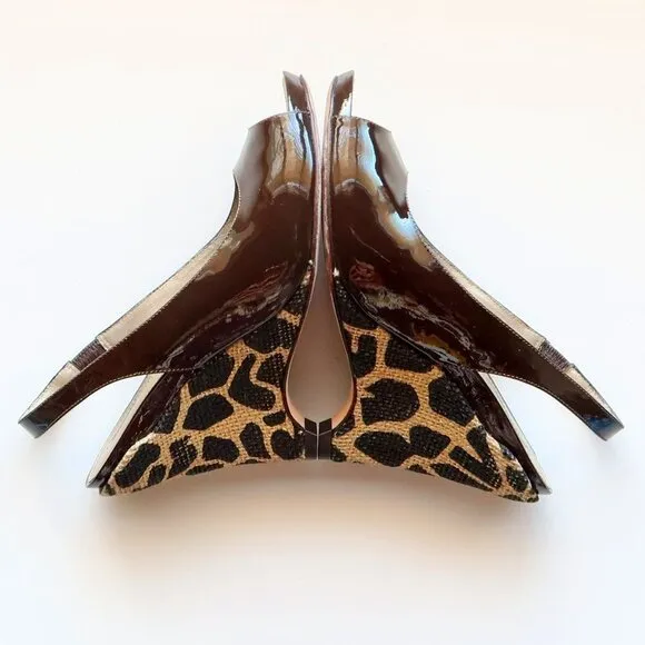 Via Spiga Brown Patent Leather Animal Print Wedge Heel Pumps / Peep Toe Shoes 6