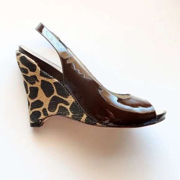 Via Spiga Brown Patent Leather Animal Print Wedge Heel Pumps / Peep Toe Shoes 6
