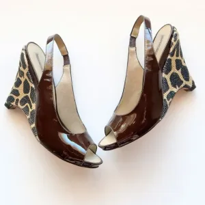 Via Spiga Brown Patent Leather Animal Print Wedge Heel Pumps / Peep Toe Shoes 6