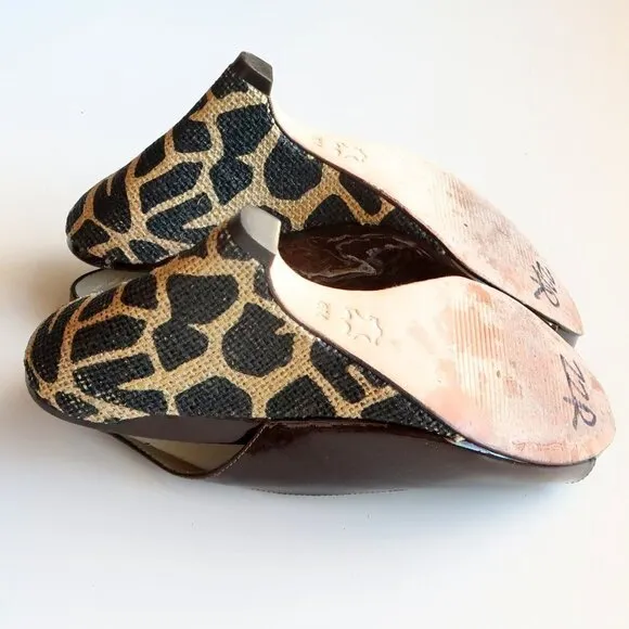 Via Spiga Brown Patent Leather Animal Print Wedge Heel Pumps / Peep Toe Shoes 6