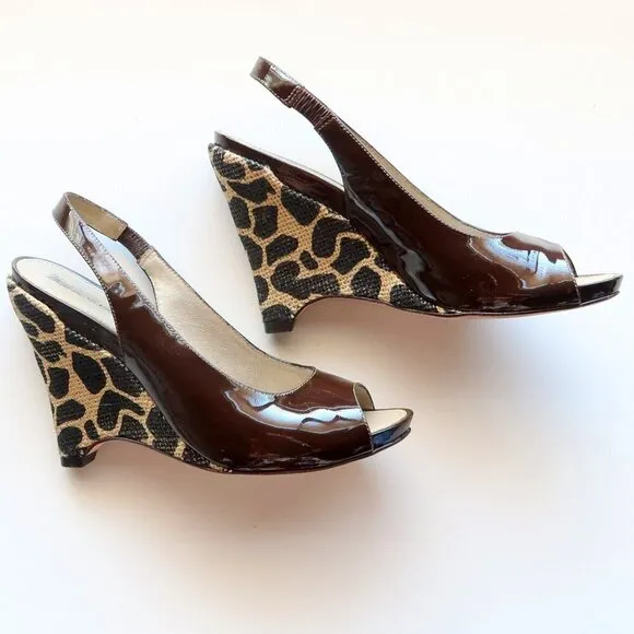 Via Spiga Brown Patent Leather Animal Print Wedge Heel Pumps / Peep Toe Shoes 6