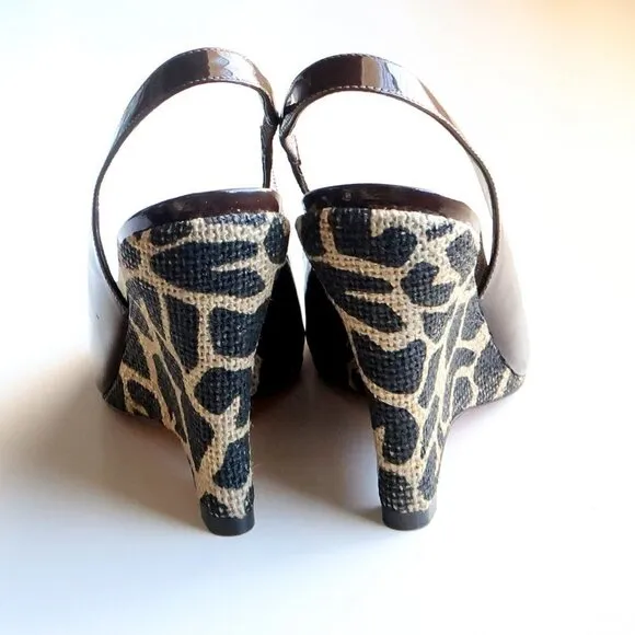 Via Spiga Brown Patent Leather Animal Print Wedge Heel Pumps / Peep Toe Shoes 6