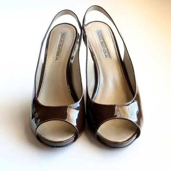 Via Spiga Brown Patent Leather Animal Print Wedge Heel Pumps / Peep Toe Shoes 6