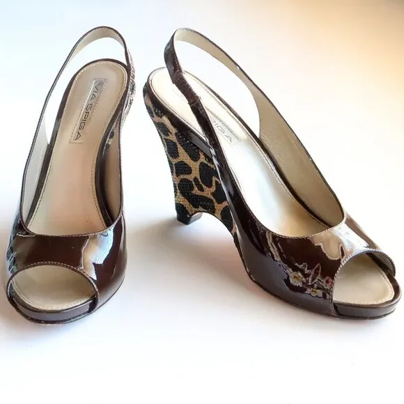 Via Spiga Brown Patent Leather Animal Print Wedge Heel Pumps / Peep Toe Shoes 6