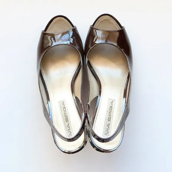 Via Spiga Brown Patent Leather Animal Print Wedge Heel Pumps / Peep Toe Shoes 6