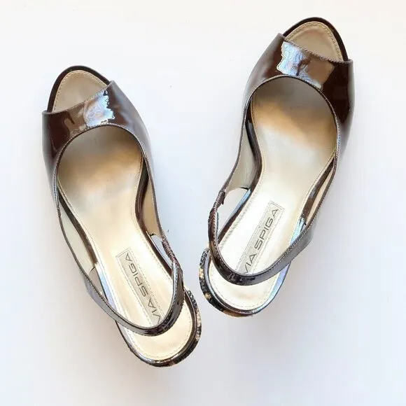 Via Spiga Brown Patent Leather Animal Print Wedge Heel Pumps / Peep Toe Shoes 6