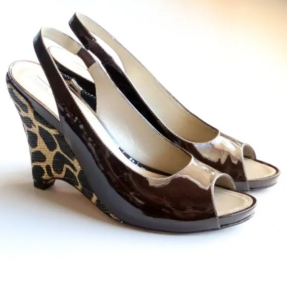 Via Spiga Brown Patent Leather Animal Print Wedge Heel Pumps / Peep Toe Shoes 6