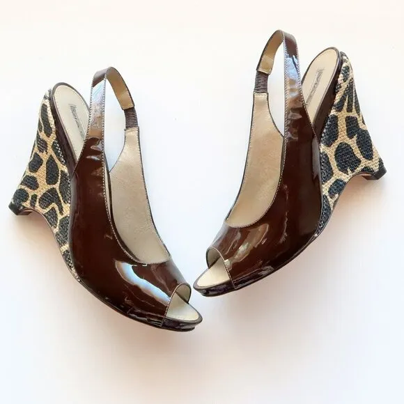 Via Spiga Brown Patent Leather Animal Print Wedge Heel Pumps / Peep Toe Shoes 6