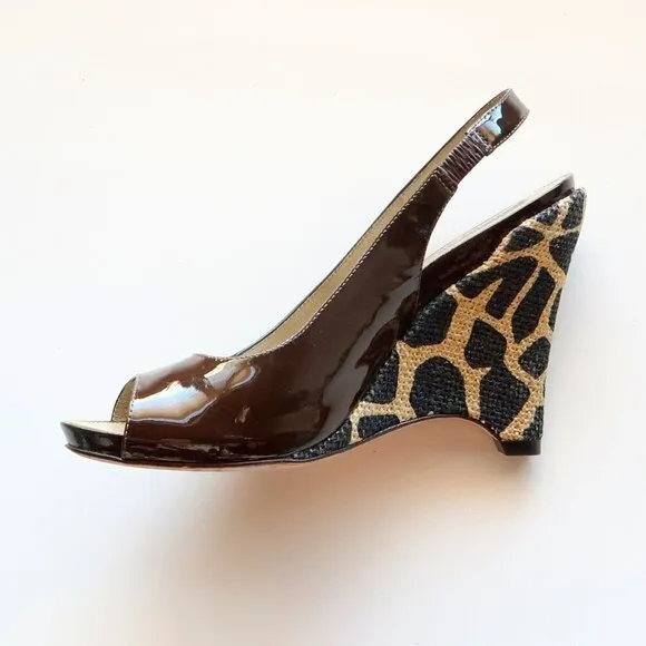 Via Spiga Brown Patent Leather Animal Print Wedge Heel Pumps / Peep Toe Shoes 6