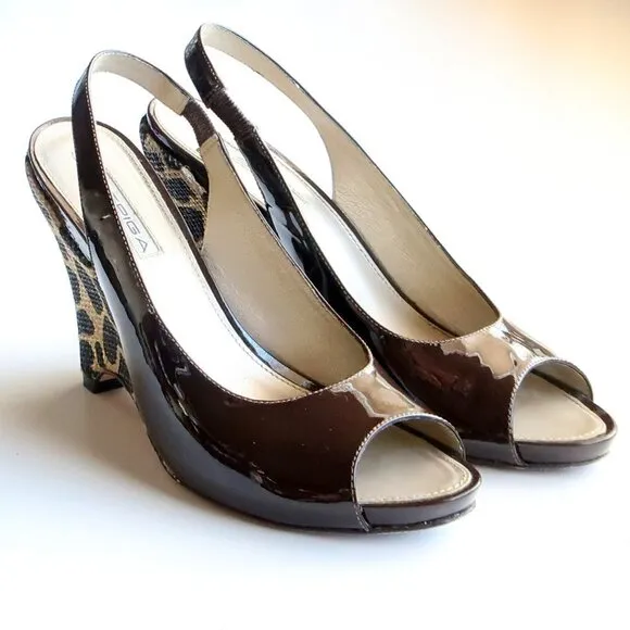 Via Spiga Brown Patent Leather Animal Print Wedge Heel Pumps / Peep Toe Shoes 6