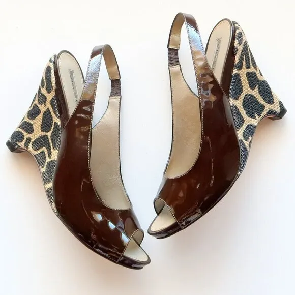 Via Spiga Brown Patent Leather Animal Print Wedge Heel Pumps / Peep Toe Shoes 6