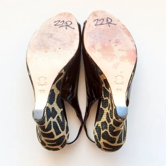 Via Spiga Brown Patent Leather Animal Print Wedge Heel Pumps / Peep Toe Shoes 6