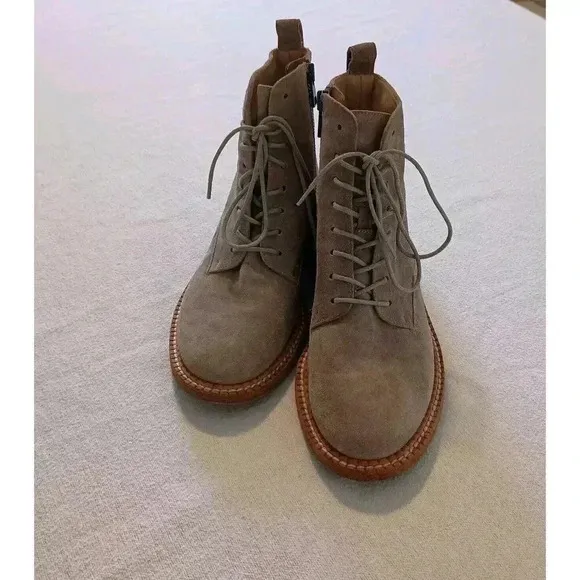 VINCE Cabria Suede Combat Boots Size 5 35 Lace Up Zipper Almond Bootie Military