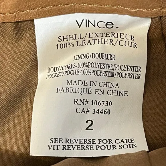 Vince Leather Mini Skirt Lined Short Pockets Back Zip Tan Brown Women's Size 2