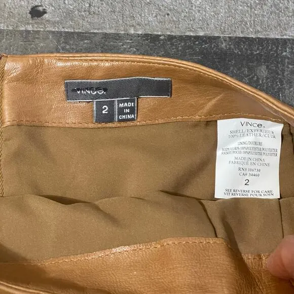 Vince Leather Mini Skirt Lined Short Pockets Back Zip Tan Brown Women's Size 2