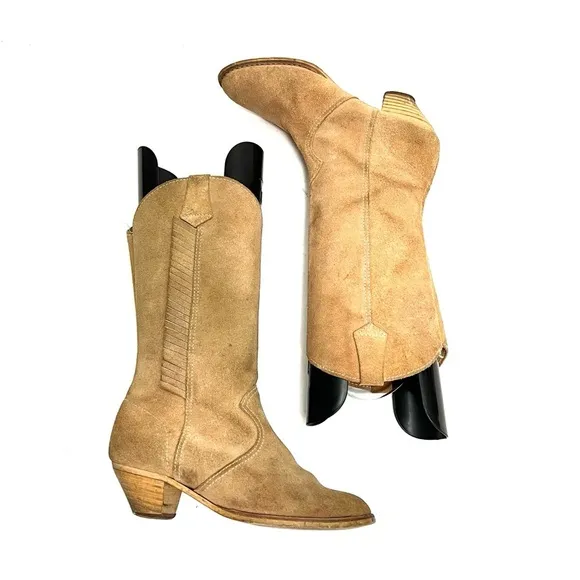 Vintage 1970s women’s tan suede knee high western pull on fringe boots