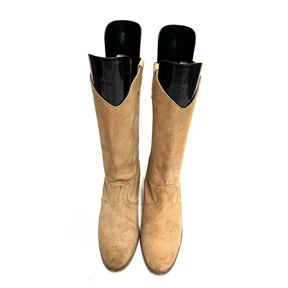 Vintage 1970s women’s tan suede knee high western pull on fringe boots
