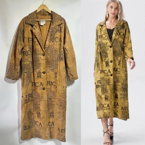 Vintage Africa map camel tan suede leather long trench jacket coat