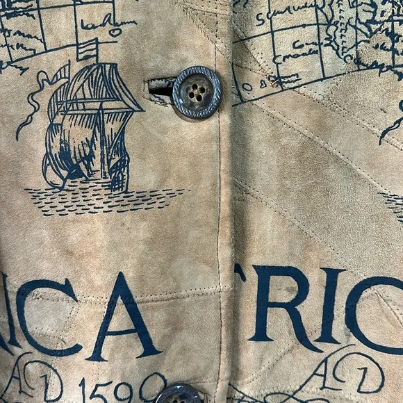 Vintage Africa map camel tan suede leather long trench jacket coat