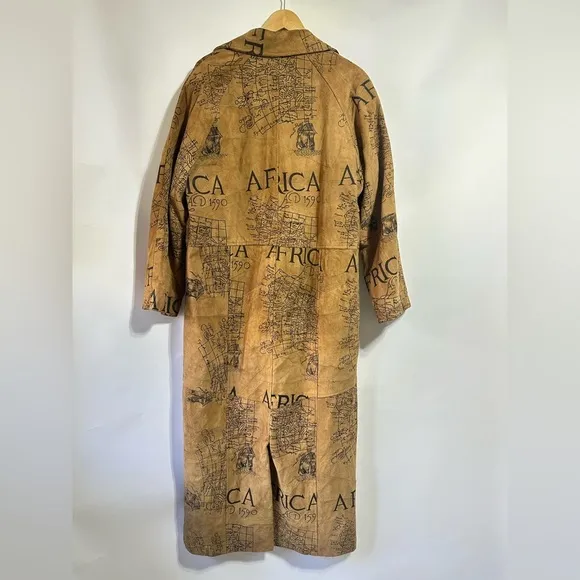 Vintage Africa map camel tan suede leather long trench jacket coat