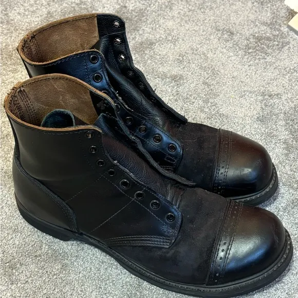 Vintage Black Leather Military-Style Boots - Size Approx US 12, No Laces