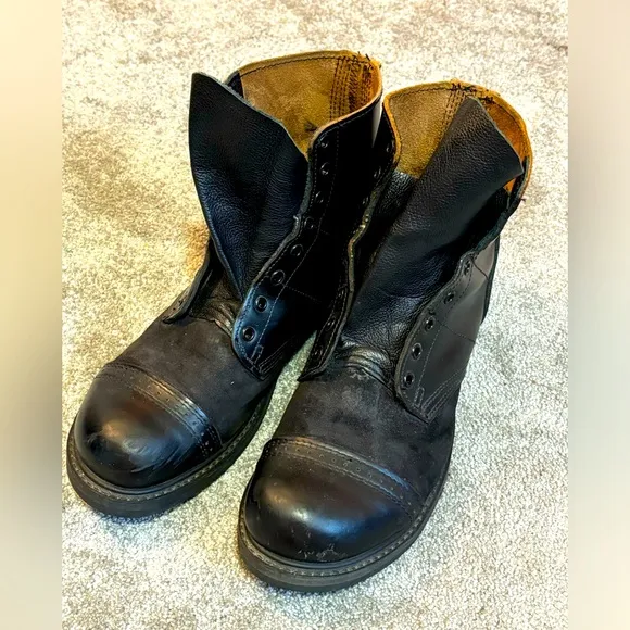Vintage Black Leather Military-Style Boots - Size Approx US 12, No Laces