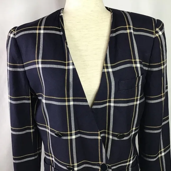 VINTAGE Blazer Jacket Size 10 Y2K Heathers Plaid Navy Blue White Dividends