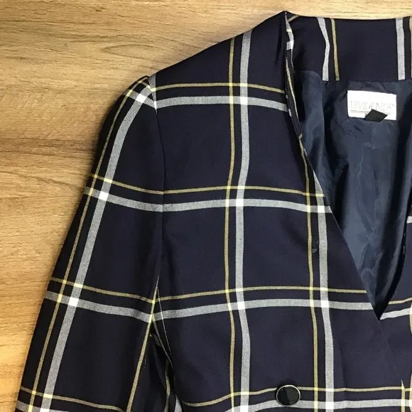VINTAGE Blazer Jacket Size 10 Y2K Heathers Plaid Navy Blue White Dividends
