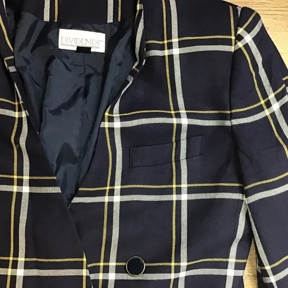VINTAGE Blazer Jacket Size 10 Y2K Heathers Plaid Navy Blue White Dividends